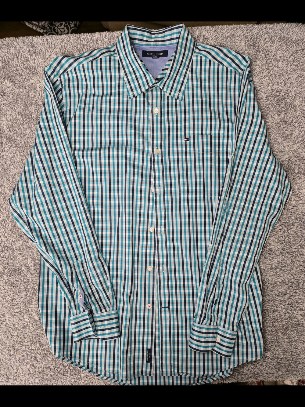 Tommy Hilfiger Teal Navy Plaid Button-Down Shirt Sz XL Lightweight Casual